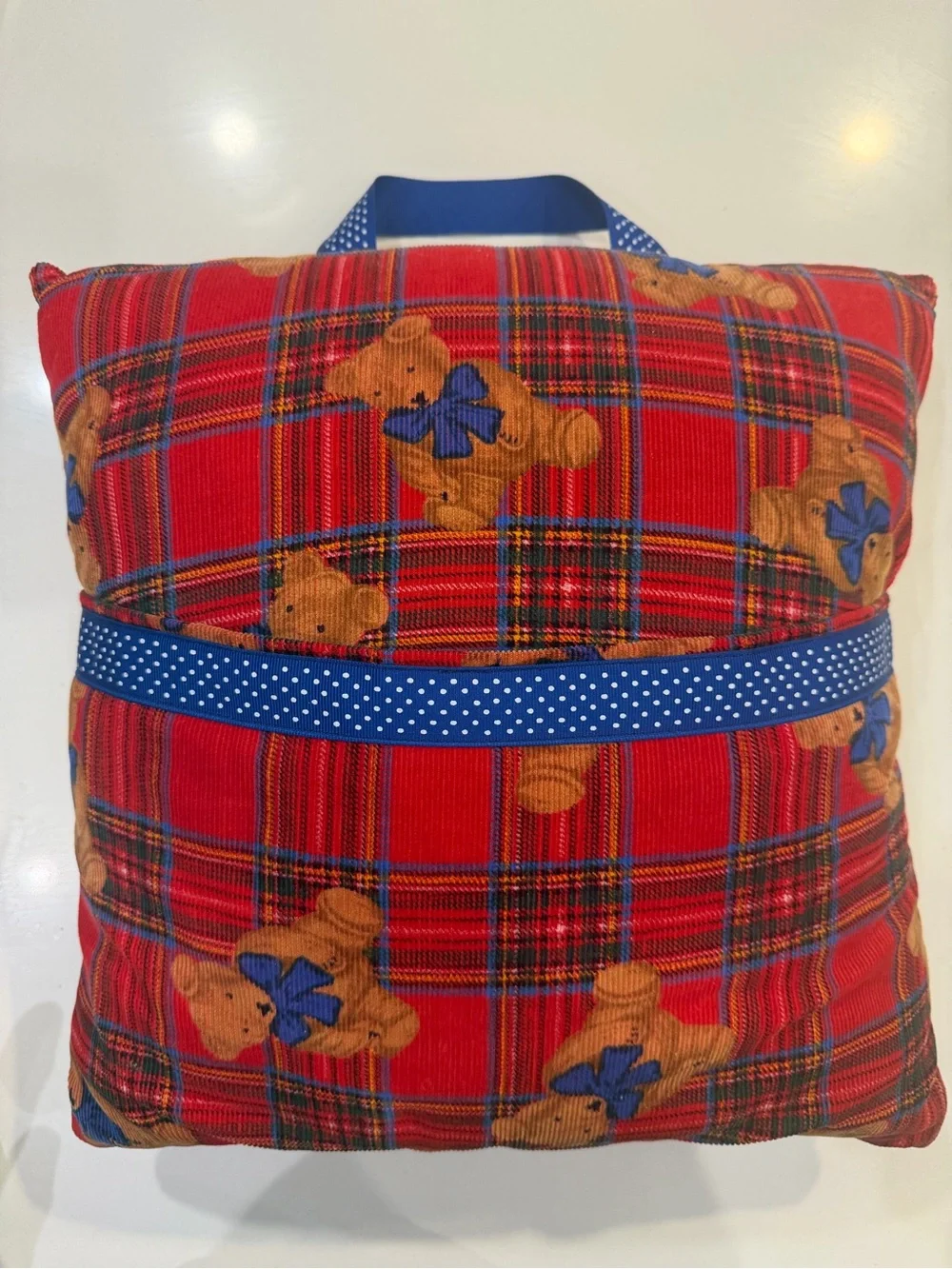 Red Plaid Teddy Bear Accent Pillow with Blue Ribbon Handle and Pocket